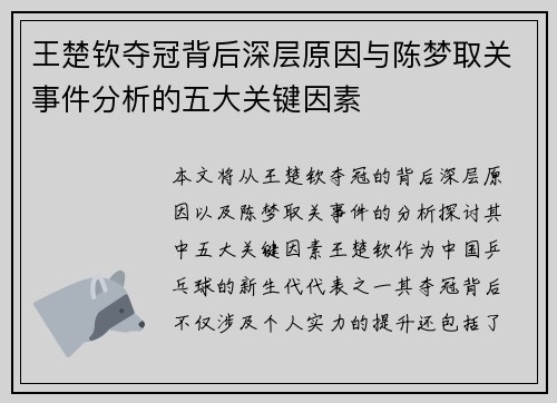 王楚钦夺冠背后深层原因与陈梦取关事件分析的五大关键因素 王楚钦夺冠背后深层原因与陈梦取关事件分析的五大关键因素
